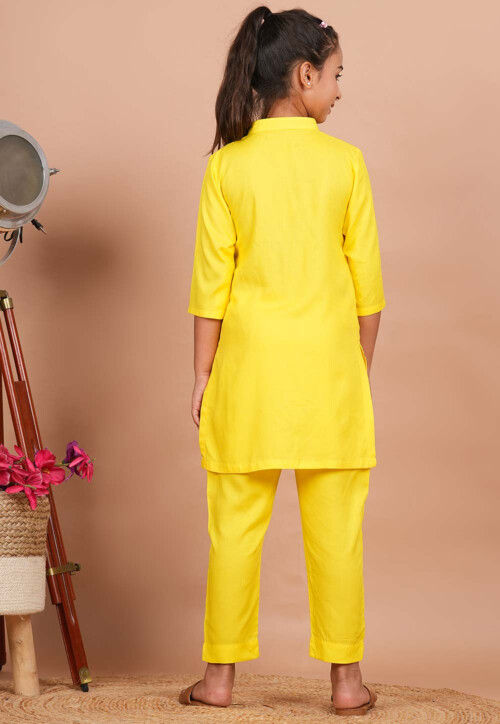 Solid Color Rayon Kurta Set in Yellow