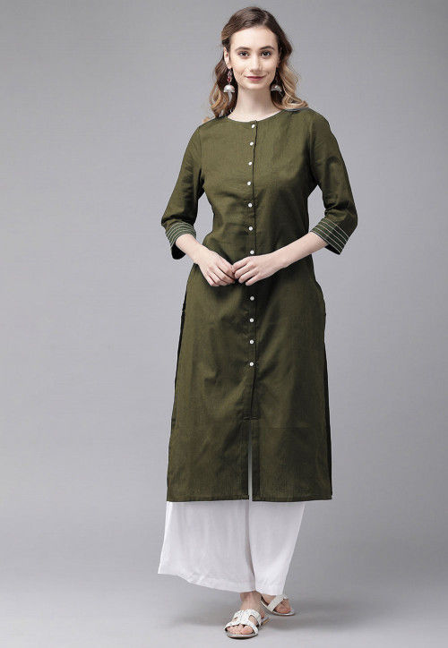 Buy BIBA Womens Olive Green Cotton A Line Suit Set | Shoppers Stop