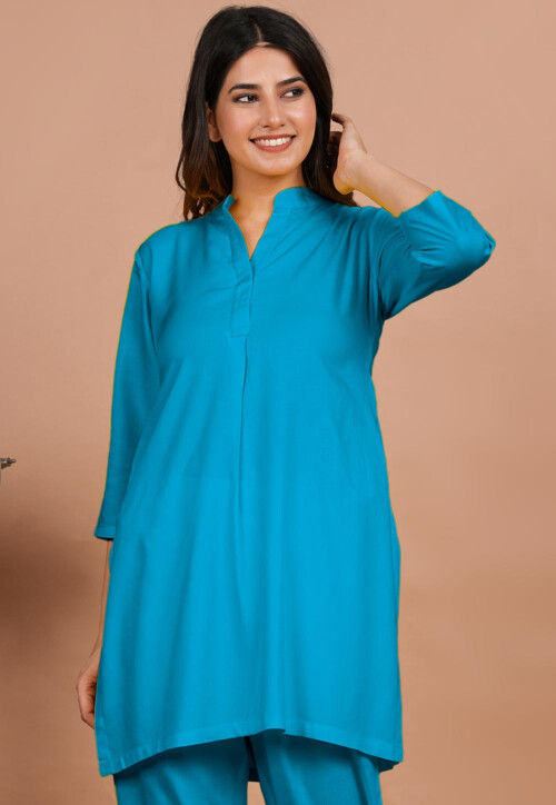 Solid Color Rayon Kurti in Turquoise