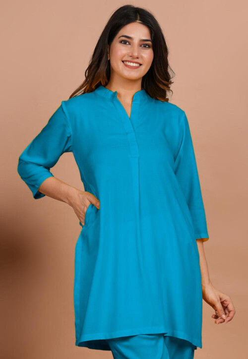 Solid Color Rayon Kurti in Turquoise