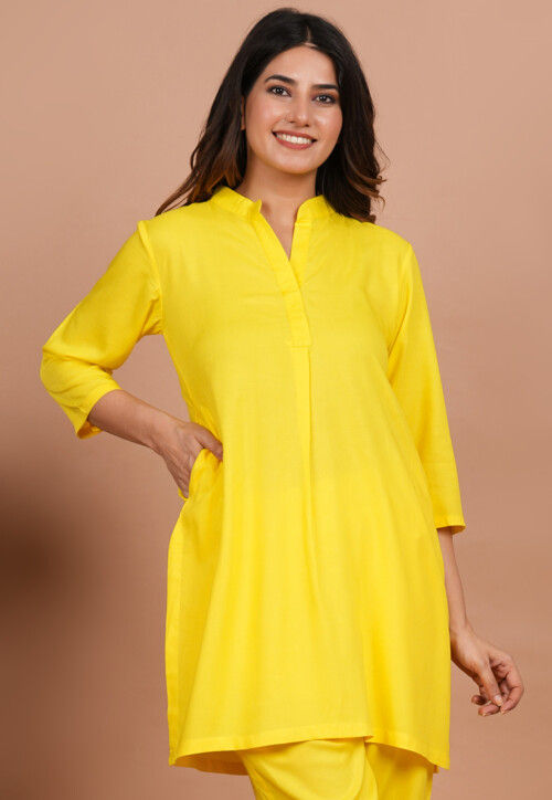Mustard Yellow Rayon Kurti with Detailed Floral Embroidery on Neck From  Kashmir | Exotic India Art