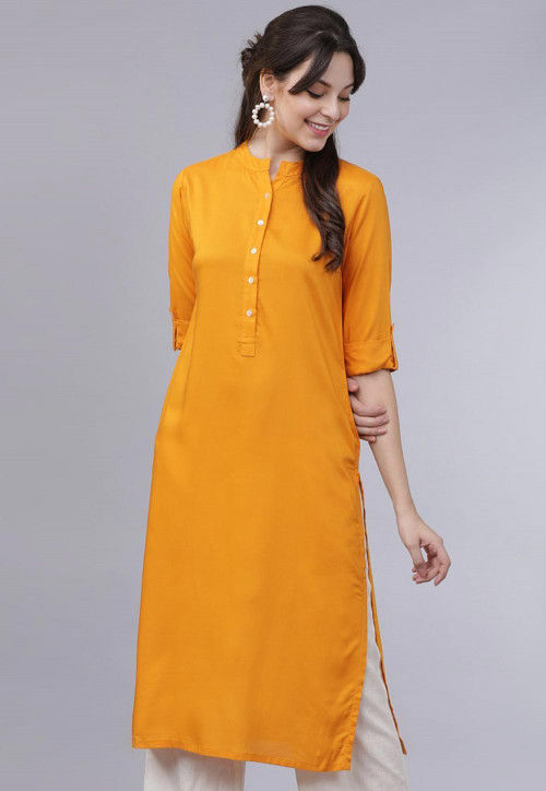 Solid Color Rayon Straight Kurta in Mustard TVE1057