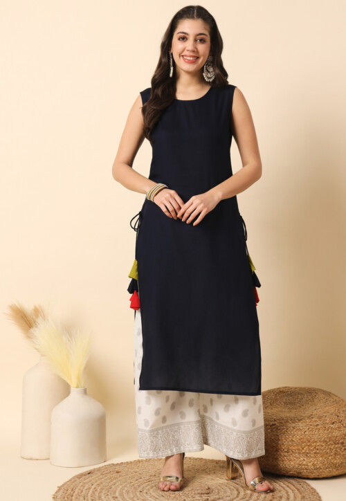 Solid Color Rayon Straight Kurta in Navy Blue