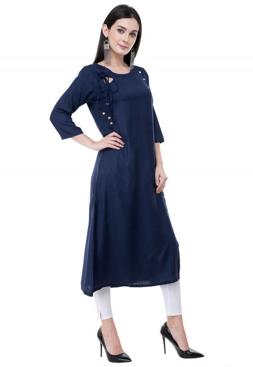 Solid Color Rayon Straight Kurta in Navy Blue : TYW92