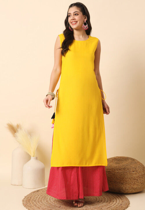 Solid Color Rayon Straight Kurta in Yellow