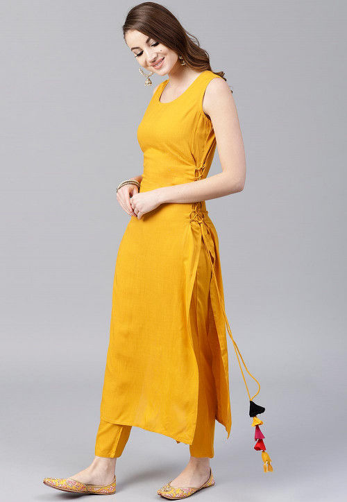 Buy Solid Color Rayon Straight Kurta Set in Mustard Online : TVE409 ...