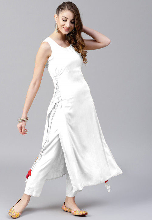 Solid Color Rayon Straight Kurta Set in White