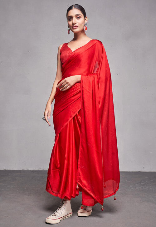 Solid Color Satin Chiffon Saree in Red