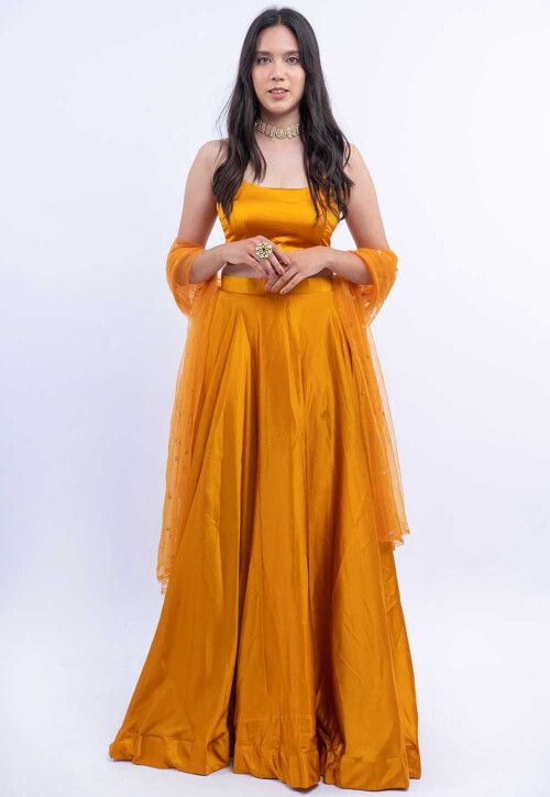 Buy Solid Color Satin Lehenga in Dark Mustard Online LNA24