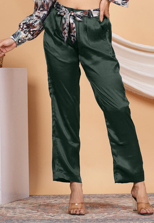 Solid Color Satin Pant in Dark Green