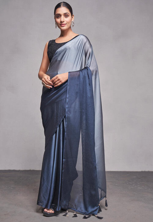 Solid Color Satin Silk Saree in Grey and Blue Shaded