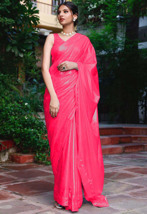 Solid Color Shimmer Lycra Georgette Saree in Peach