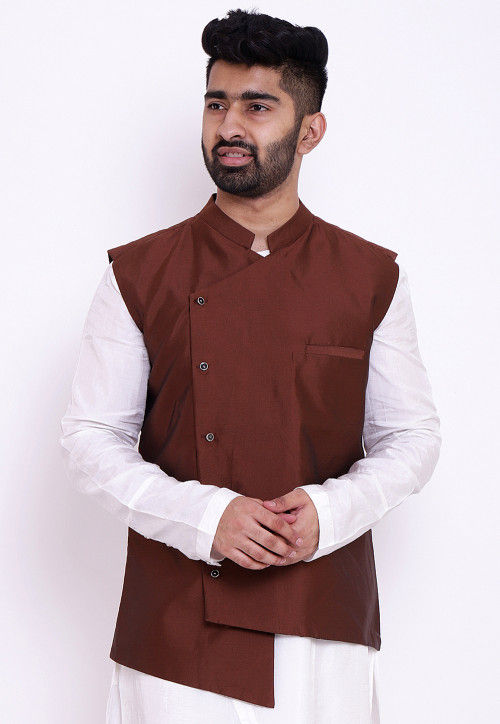 Solid Color Taffeta Silk Asymmetric Nehru Jacket in Brown