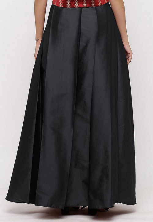 Solid Color Taffeta Silk Box Pleated Skirt in Black : BJG206