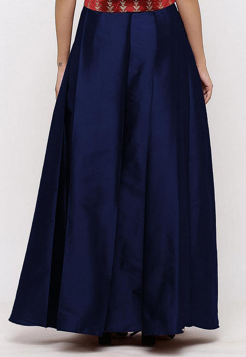 Solid Color Taffeta Silk Box Pleated Skirt in Navy Blue : BJG205