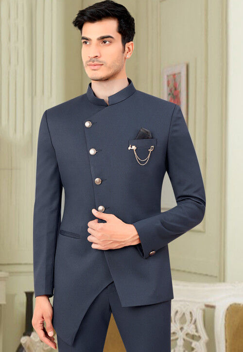 Solid Color Terry Rayon Asymmetric Jodhpuri Jacket in Dusty Blue