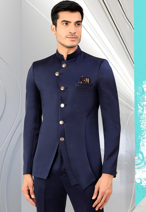 Printed Art Silk Nehru Jacket in Royal Blue : MHG1102