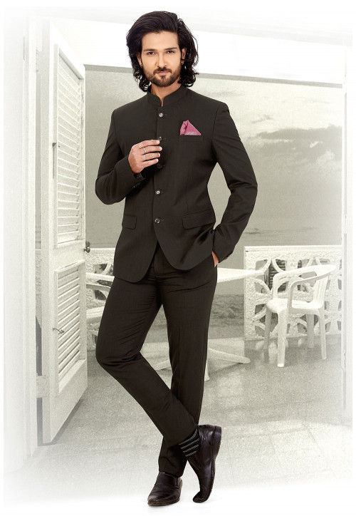 Solid Color Terry Rayon Jodhpuri Suit in Black