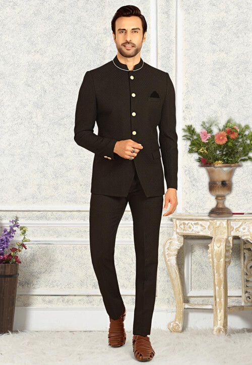 Solid Color Terry Rayon Jodhpuri Suit in Black
