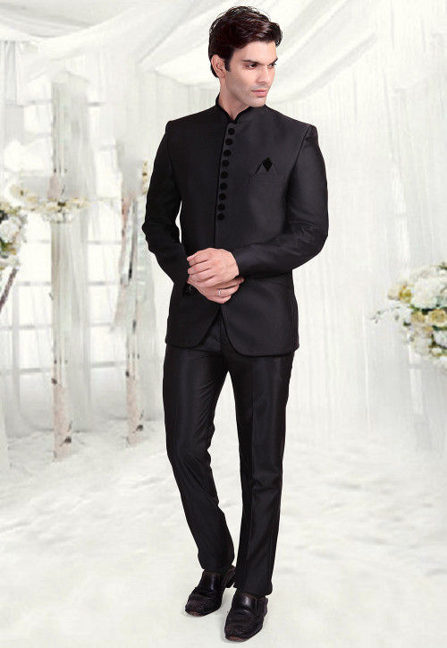 Solid Color Terry Rayon Jodhpuri Suit in Black