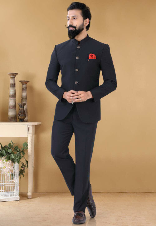 Solid Color Terry Rayon Jodhpuri Suit in Black : MUY407