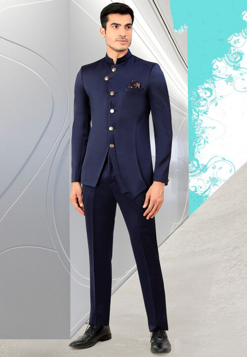 Solid Color Terry Rayon Jodhpuri Suit in Navy Blue : MHG2146