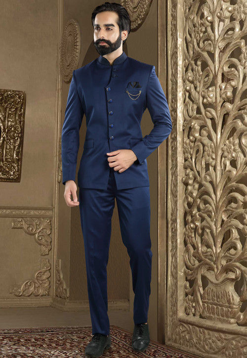 solid color terry rayon jodhpuri suit in navy blue v1 mhg972