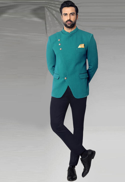 Solid Color Terry Rayon Jodhpuri Suit in Teal Blue