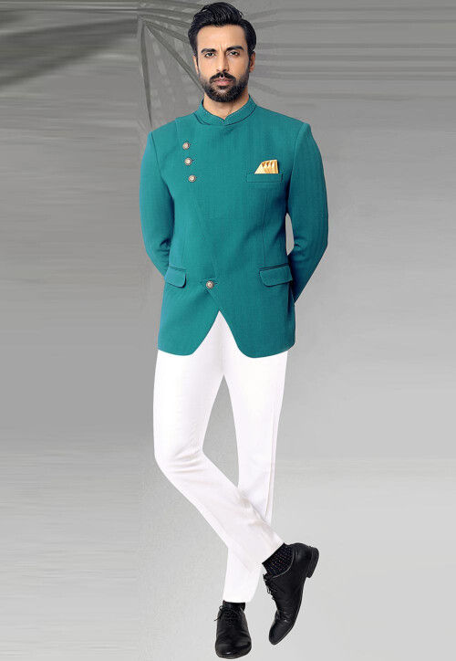 Solid Color Terry Rayon Jodhpuri Suit in Teal Blue