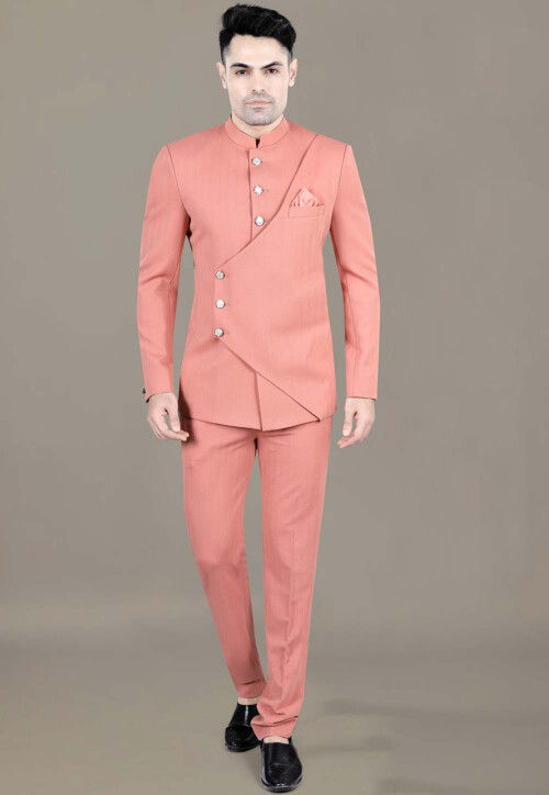 Buy Solid Color Terry Rayon Jodhpuri Jacket in Peach Online