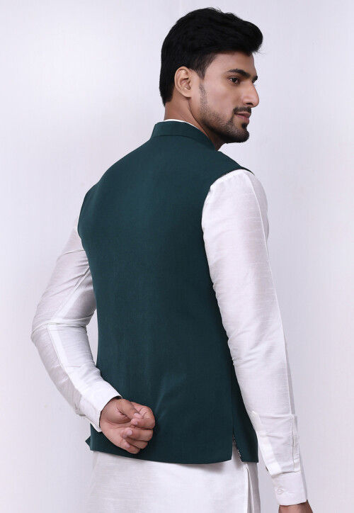 Solid Color Terry Rayon Nehru Jacket in Dark Teal Green : MTX1871