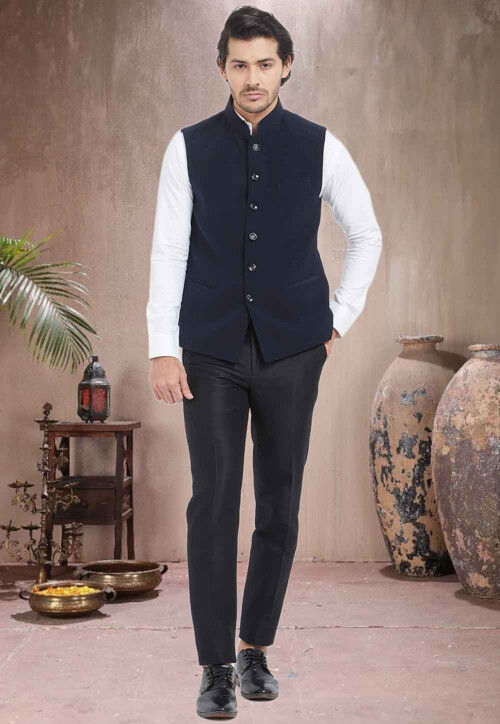 Knitted Terry Rayon Blue Dobby Slim Fit Sleeve Less Ceremonial Nehru J