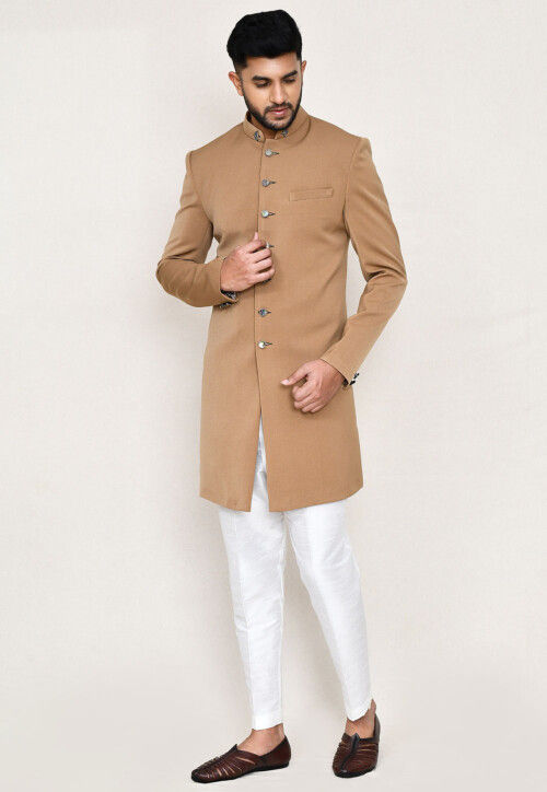 Solid Color Terry Rayon Sherwani in Beige