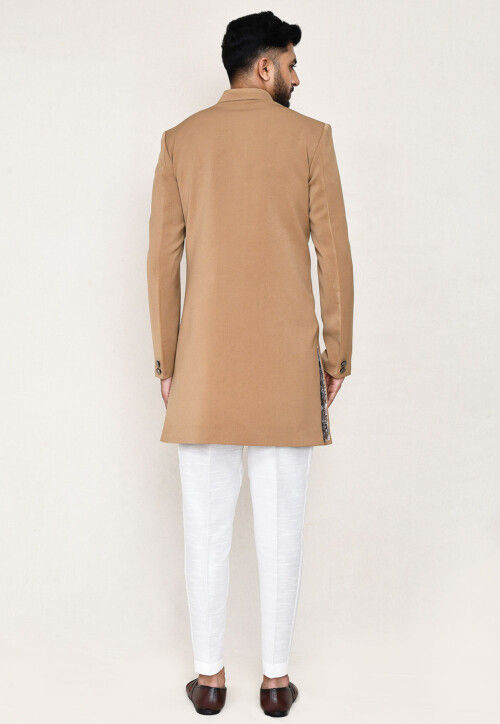 Solid Color Terry Rayon Sherwani in Beige