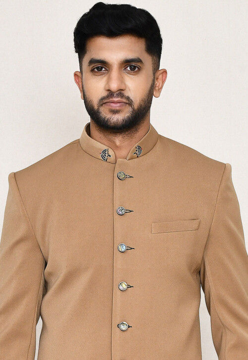 Solid Color Terry Rayon Sherwani in Beige