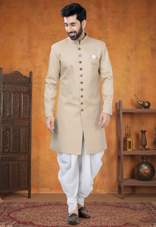 Buy Solid Color Terry Rayon Sherwani in Beige Online MUY2089