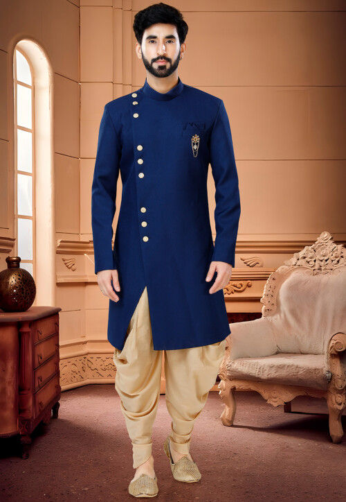Plain terry rayon dhoti on sale sherwani in navy blue