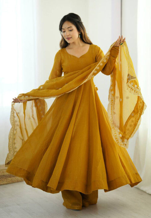 Solid Color Tissue Silk Pakistani Suit in Mustard