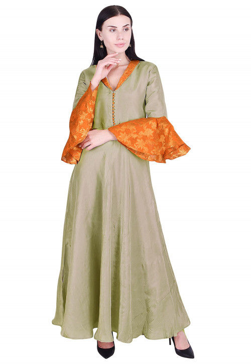 Solid Color Uppada Silk Long Kurta in Light Grey