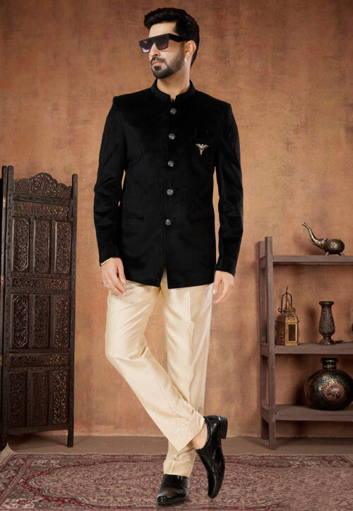 Solid Color Velvet Jodhpuri Suit in Black