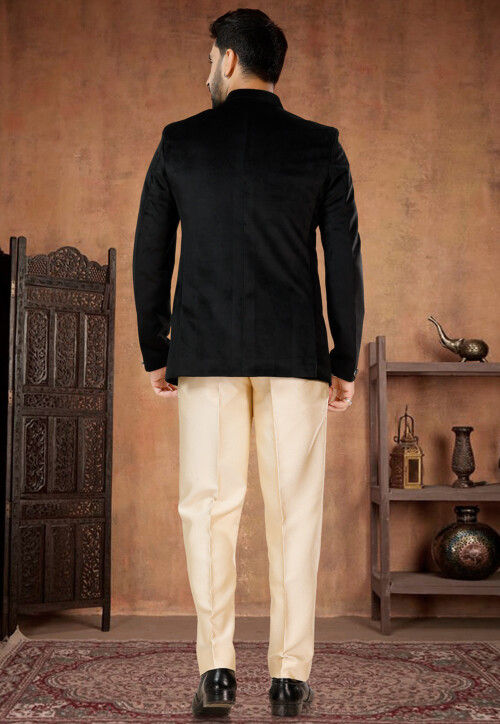 Solid Color Velvet Jodhpuri Suit in Black