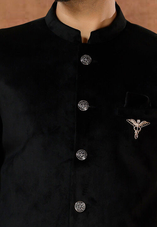 Solid Color Velvet Jodhpuri Suit in Black