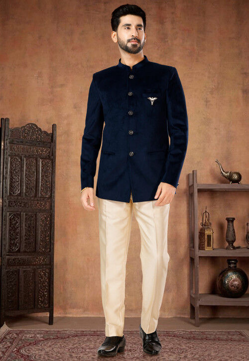 Solid Color Velvet Jodhpuri Suit in Navy Blue