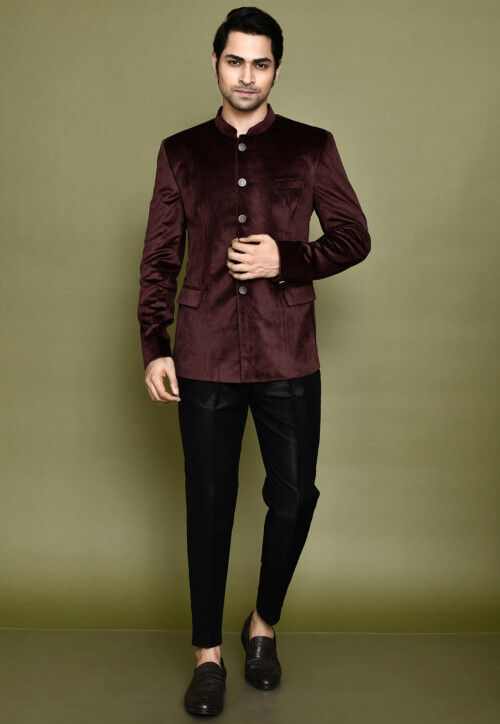 Solid Color Velvet Kurta Set in Wine