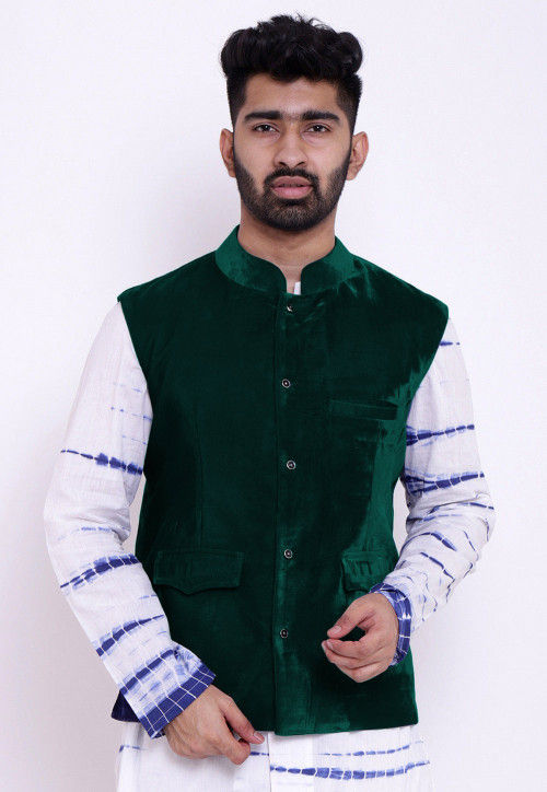 Solid Color Cotton Silk Nehru Jacket in Dark Green : MTE211