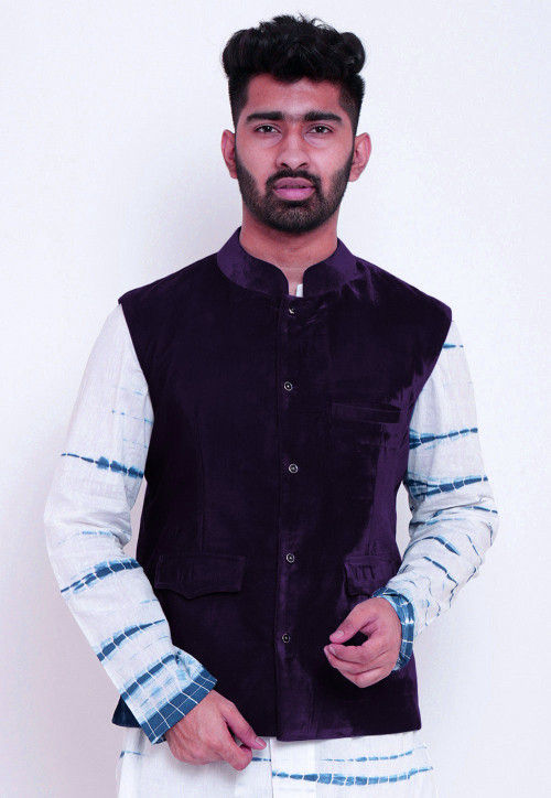 Solid Color Velvet Nehru Jacket in Dark 