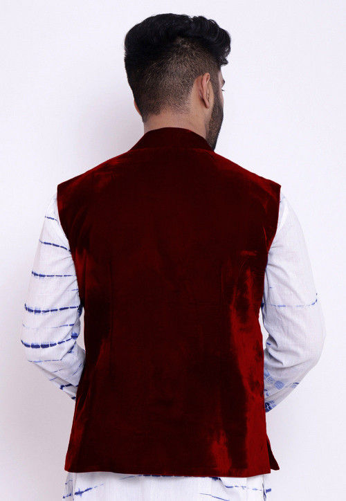 Solid Color Velvet Nehru Jacket in Maroon