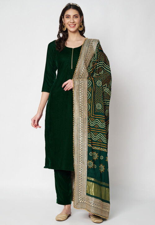 Solid Color Velvet Pakistani Suit in Dark Green