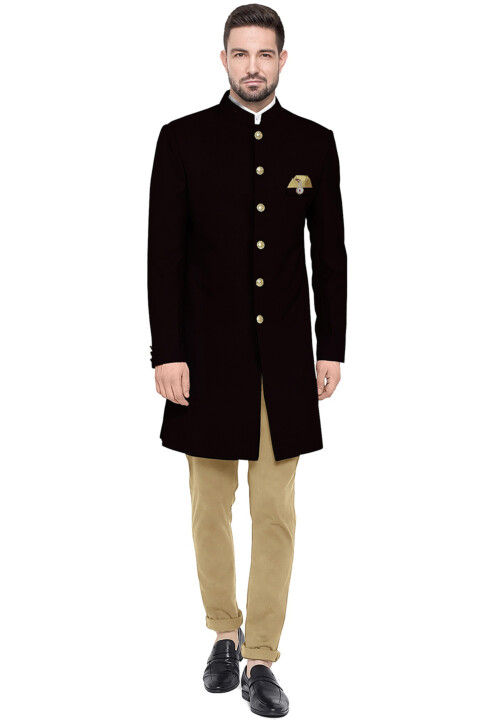 Solid Color Velvet Sherwani in Black