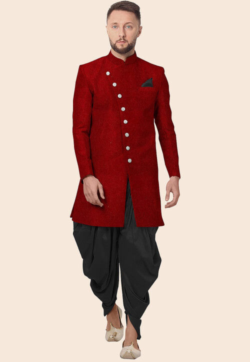 Solid Color Velvet Sherwani in Red